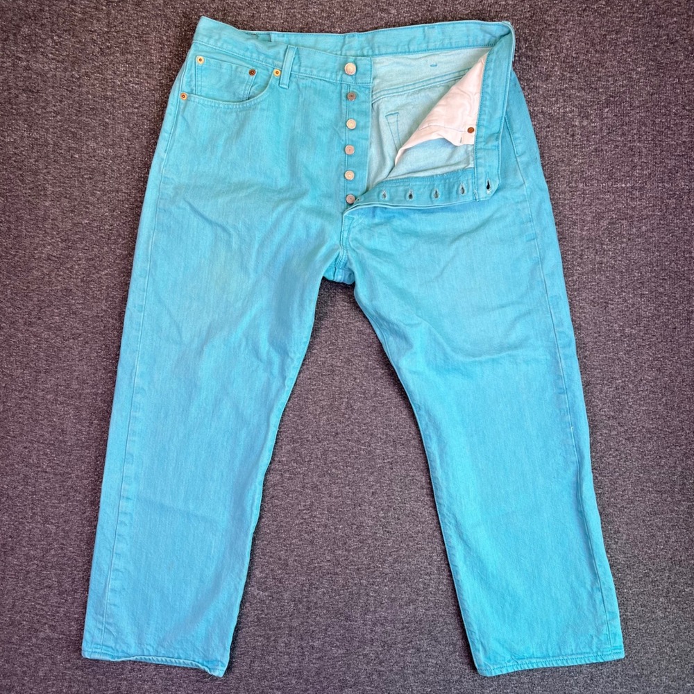 Levis 501 Jean Men 40x30 Turquoise Cyan Original Retro Straight Button Fly Denim - Picture 5 of 15